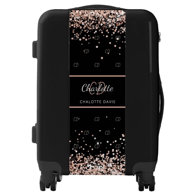 Black rose gold blush glitter monogram name luggage (Front)