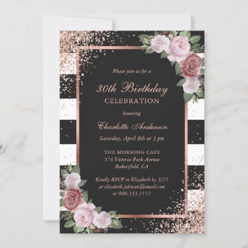 Black Rose Gold Blush Pink Floral 30th Birthday Invitation