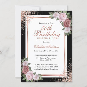 Black Rose Gold Blush Pink Floral 50th Birthday Invitation