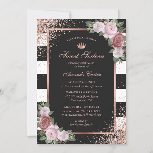 Black Rose Gold Blush Pink Floral Sweet Sixteen Invitation