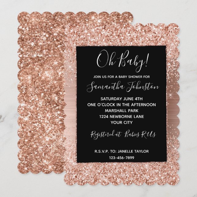 Black Rose Gold Blush Pink Glam Glitter Invitation (Front/Back)