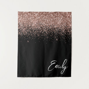 Black Rose Gold Blush Pink Glitter Monogram Tapestry