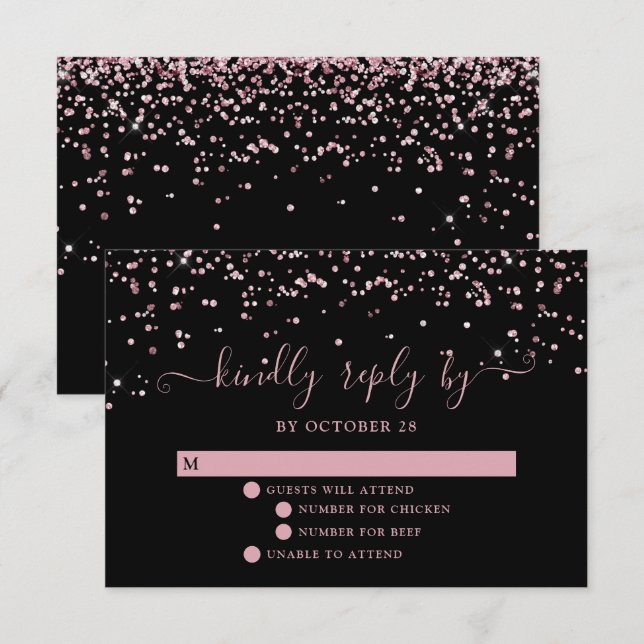 Black Rose Gold Blush Pink Glitter Wedding RSVP Card (Front/Back)