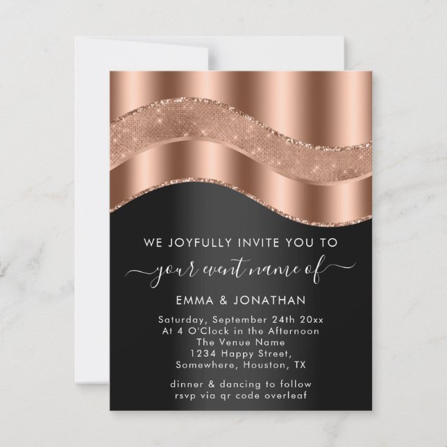 Black Rose Gold Border Glitter Wave QR Code (Front)