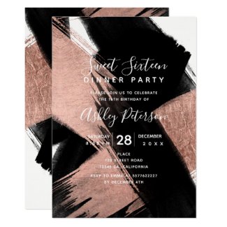Black rose gold brushstrokes typography Sweet 16 Invitation