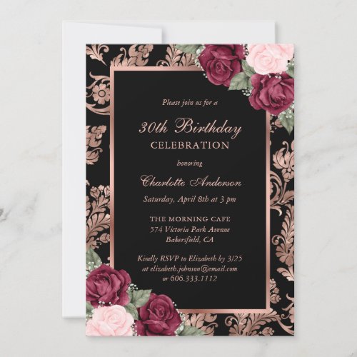 Black Rose Gold Burgundy Pink 30th Birthday Invitation