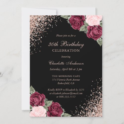 Black Rose Gold Burgundy Pink Floral 30th Birthday Invitation