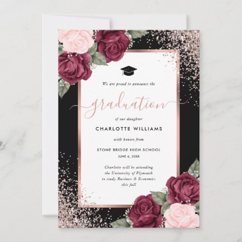 Black Rose Gold Burgundy Pink Floral Graduation Announcement