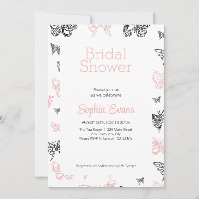Black & Rose Gold Butterflies White Bridal Shower Invitation (Front)