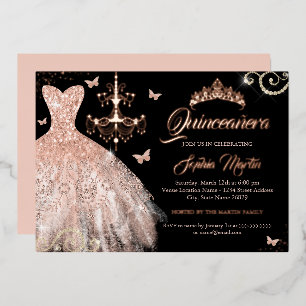 Black Rose Gold Butterfly Tiara Dress Quinceanera  Foil Invitation