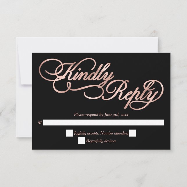 Black & Rose Gold Calligraphy Formal Wedding RSVP Card (Front)