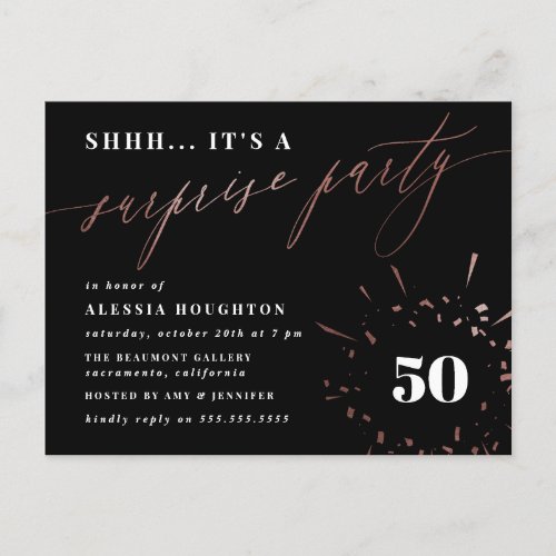 Black  Rose Gold Calligraphy Surprise Party Invitation Postcard