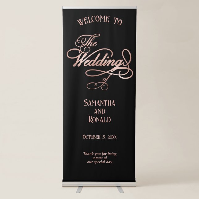 Black & Rose Gold Calligraphy Wedding Retractable Banner (Front)
