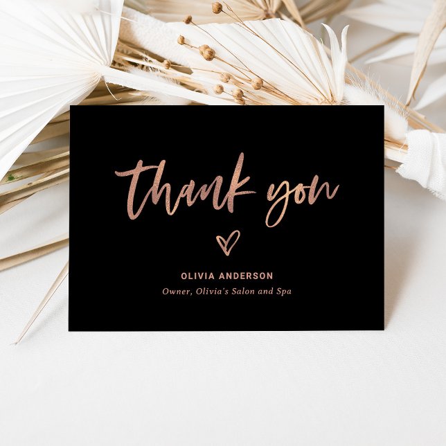 Black Rose Gold Casual Script and Heart Marketing Thank You Card (Creator Uploaded)
