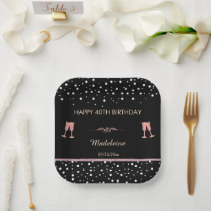 Black & Rose Gold Champagne 40th Birthday Square Paper Plates