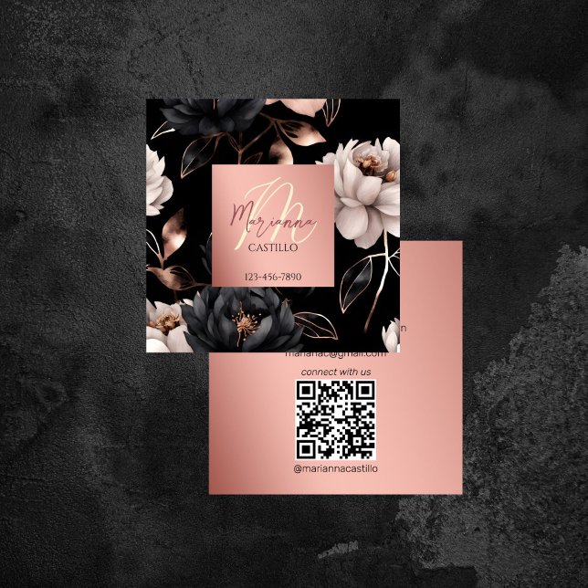 Black rose gold chic flowers template qr square business card (Black rose gold chic flowers template qr square business card floral modern makeup artist stylist)