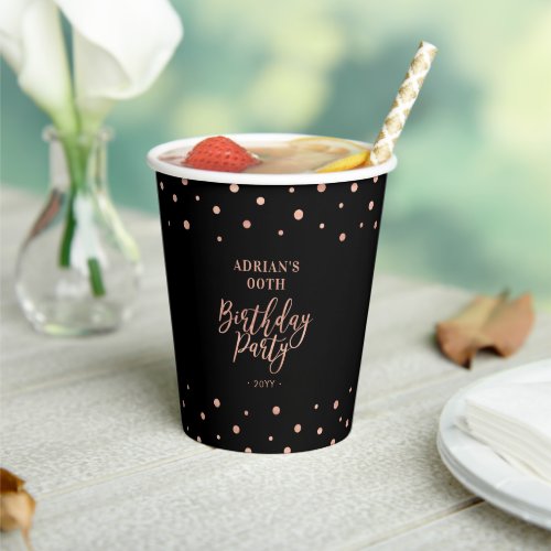 Black  Rose gold Confetti Adult Birthday Party Paper Cups