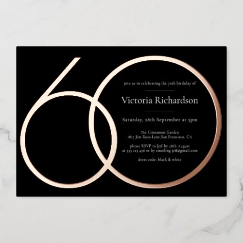 Black Rose Gold Custom Minimalist 60th Birthday Foil Invitation