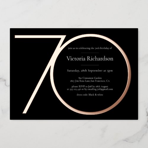 Black Rose Gold Custom Minimalist 70th Birthday Foil Invitation