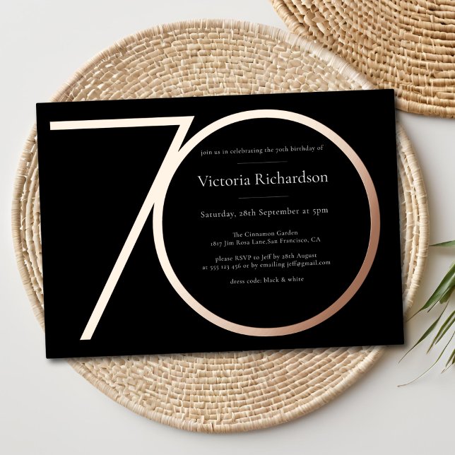 Black Rose Gold Custom Minimalist 70th Birthday Foil Invitation (Black Rose Gold Custom Minimalist 70th Birthday Foil Invitation)