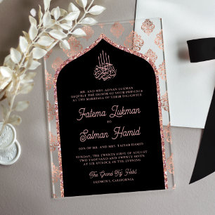 Black Rose Gold Damask Arch Muslim Wedding Acrylic Invitations