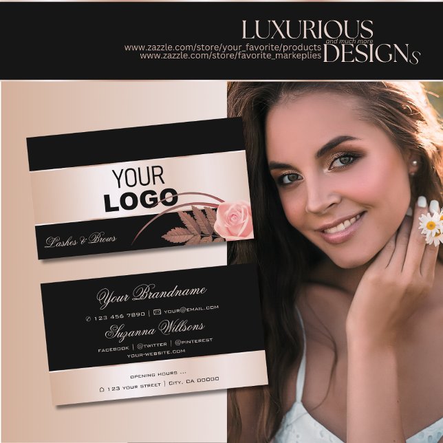 Black Rose Gold Decor and Cute Flower with Logo Business Card (Creator Uploaded)