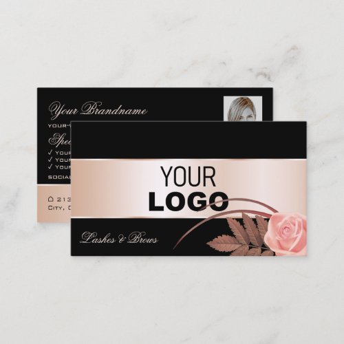 Black Rose Gold Decor Cute Flower with Logo Photo Business Card