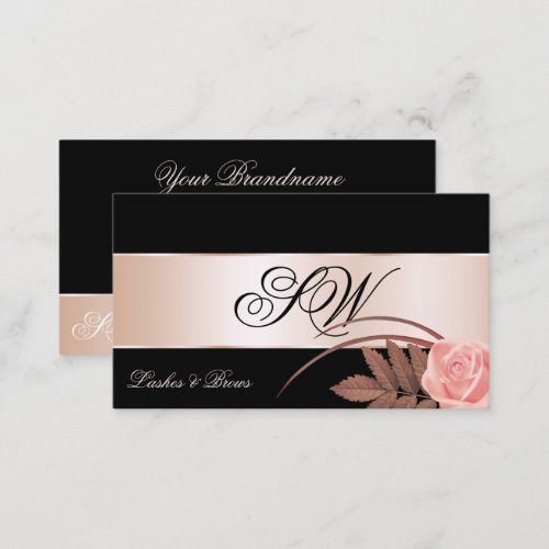Black Rose Gold Decor Cute Flower with Monogram Business Card