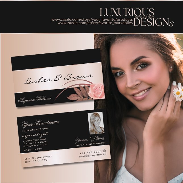 Black Rose Gold Decor Gorgeous Flower with Photo Business Card (Creator Uploaded)
