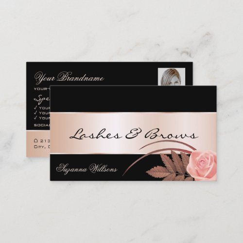 Black Rose Gold Decor Gorgeous Flower with Photo Business Card