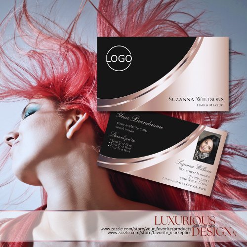 Black Rose Gold Decor with Logo and Photo Luxury Business Card