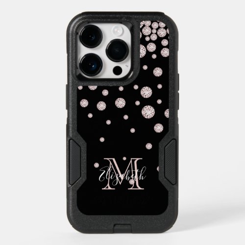 Black rose gold diamonds monogram name OtterBox iPhone 14 pro case