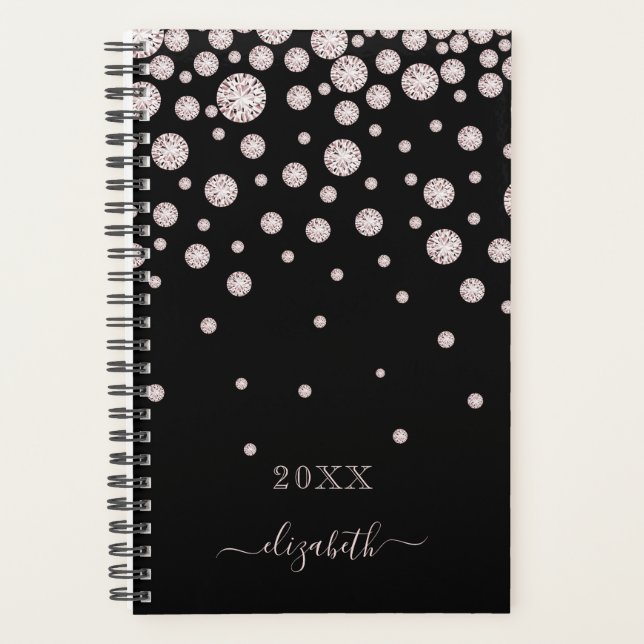 Black rose gold diamonds name glamorous planner (Front)