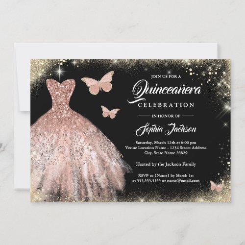 Black Rose Gold Dress Butterfly Quinceanera Invitation