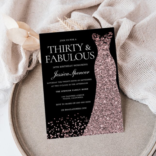 Black Rose Gold Dress Womans 30th Birthday Party Invitation (Creator Uploaded)