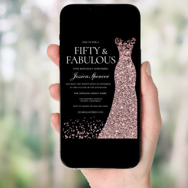 Black Rose Gold Dress Womans 50th Birthday Party  Invitation (Front Digital)