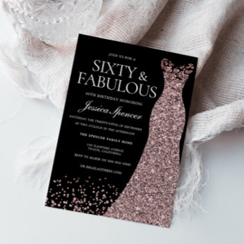 Black Rose Gold Dress Womans 60th Birthday Party Invitation by Nicheandnest at Zazzle