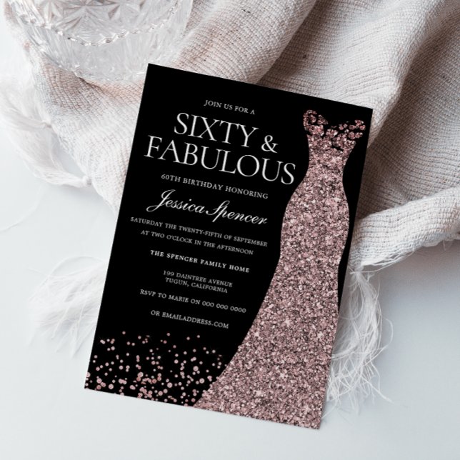 Black Rose Gold Dress Womans 60th Birthday Party Invitation (Creator Uploaded)