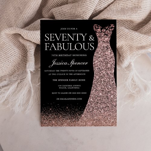 Black Rose Gold Dress Womans 70th Birthday Party Invitation