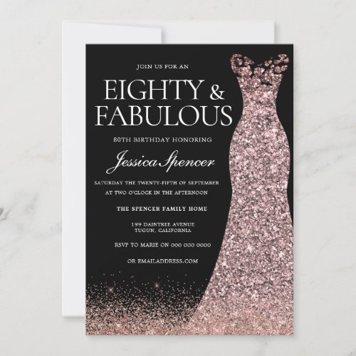 Black Rose Gold Dress Womans 80th Birthday Party Invitation