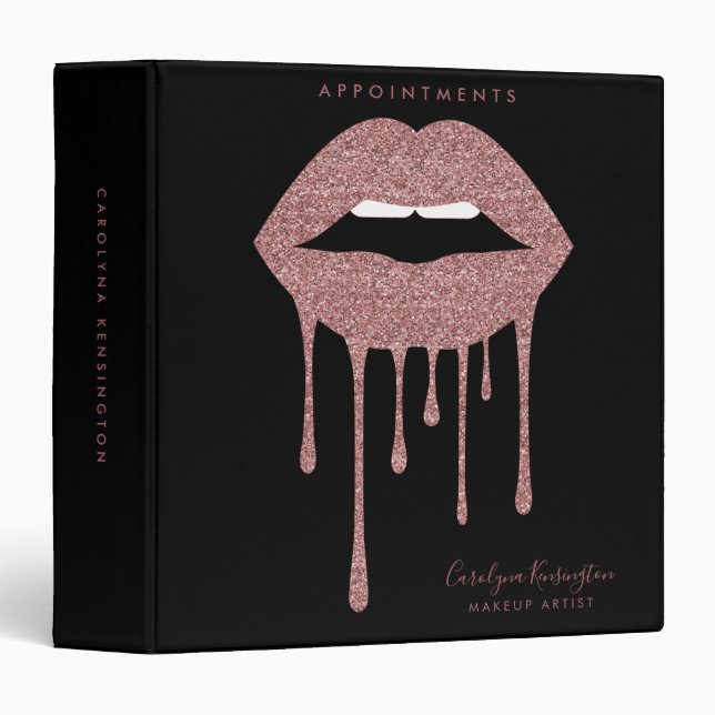 Black Rose Gold Dripping Glitter Lips Appointments 3 Ring Binder (Front/Spine)