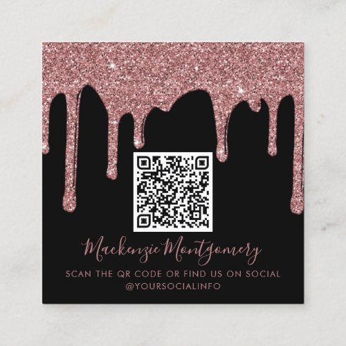 Black Rose Gold Dripping Glitter QR Code Square Business Card