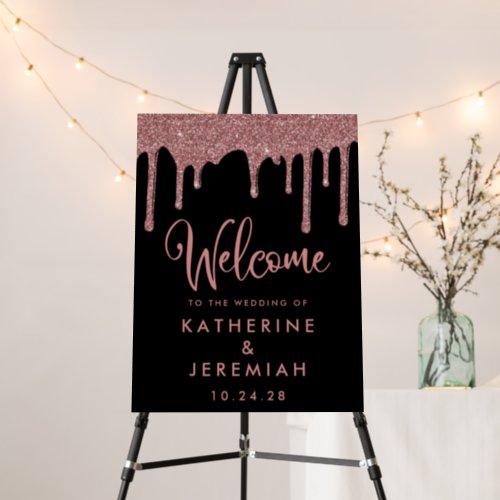 Black Rose Gold Dripping Glitter Wedding Welcome Foam Board