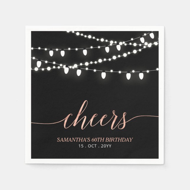 Black & Rose Gold | Elegant Adult Birthday Party Napkins (Front)