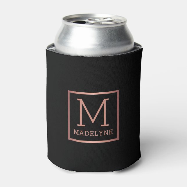 Black Rose Gold Elegant Modern Monogram Can Cooler (Can Front)