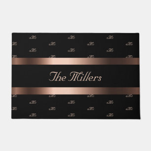 Black rose gold family monogram pattern elegant doormat
