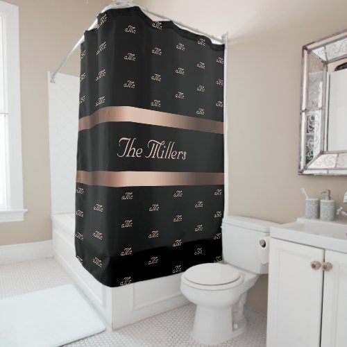 Black rose gold family monogram pattern elegant shower curtain