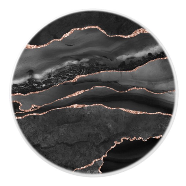 Black Rose Gold Faux Glitter Agate Geode Gray Ceramic Knob (Front)