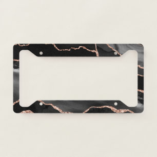 Black Rose Gold Faux Glitter Agate Geode Marble  License Plate Frame
