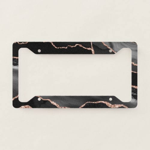 Black Rose Gold Faux Glitter Agate Geode Marble  License Plate Frame